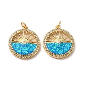 Brass Micro Pave Cubic Zirconia with Synthetic Opal Pendants, with Jump Ring, Flat Round with Sunrise
