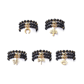 15Pcs 5 Set Natural Black Onyx & Synthetic Hematite Beaded Stretch Rings Set, Moon & Tree & Butterfly & Dragonfly & Eye 304 Stainless Steel Charms Stackable Rings for Women