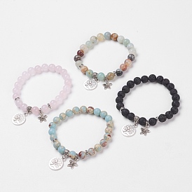 Gemstone Stretch Bracelets, with Alloy Pendants & Bead Spacers, Tree of Life and Flower, Burlap Packing