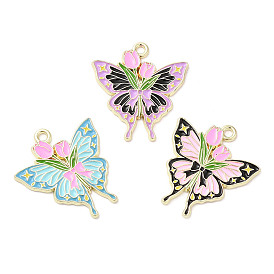Light Gold Plated Alloy Enamel Pendants, Butterfly with Rose Charm