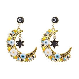 Moon & Star Glass Seed Beaded Stud Dangle Earrings for Women, with Brass & Alloy Findings, Colorful