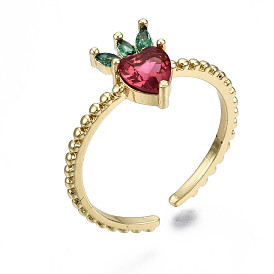 Brass Micro Pave Cubic Zirconia Cuff Rings, Open Rings, Strawberry, Nickel Free, Real 16K Gold Plated