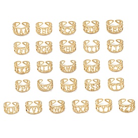 26Pcs 26 Style Vacuum Plating Golden 304 Stainless Steel Letter Open Cuff Rings Set, Alphabet Initial Letter