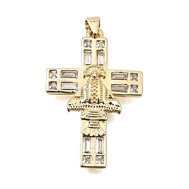 Brass Micro Pave Clear Cubic Zirconia Pendants, Cross with Virgen de Juquila Charms, Rack Plating, Long-Lasting Plated, Cadmium Free & Lead Free