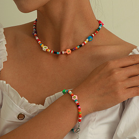 Resin Soft Clay Smiley Bead Necklace & Bracelet Set - Fashionable, Colorful Bead Accessories.