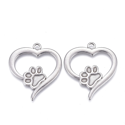 304 Stainless Steel Pendant Cabochon Settings For Enamel, Heart with Dog Footprint