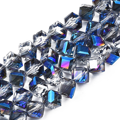 Electroplate Transparent Glass Beads Strands, Half Plated, Faceted, Diagonal Cube Beads