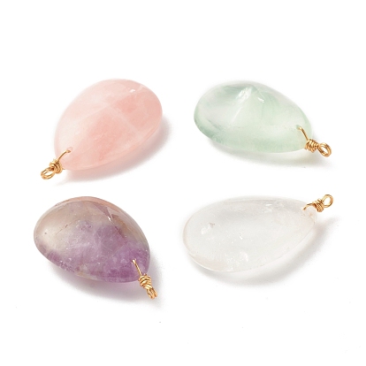 Pendentifs en pierre naturelle, avec du vrai fil de cuivre plaqué or 18k enroulé, larme