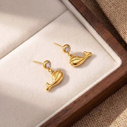 304 Stainless Steel Cubic Zirconia Stud Dangle Earrings for Women, Whale