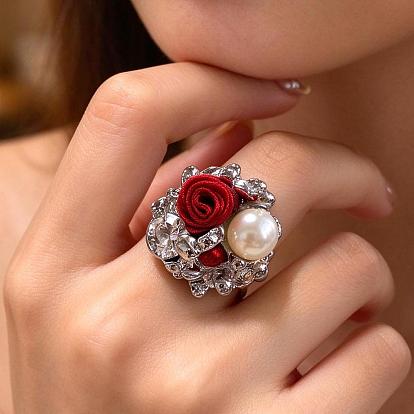 Bohemian Adjustable Zinc Alloy Rhinestone Cuff Open Rings, with Plastic Pearl, Flower, Wide Band Rings, Colorful