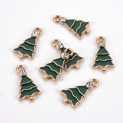 Eco-Friendly Alloy Enamel Pendants, with Rhinestone, Cadmium Free & Lead Free & Nickel Free, Light Gold, Christmas Tree