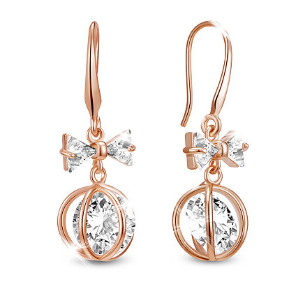 Brass Dangle Earrings, with Grade AAA Cubic Zirconia, Bowknot and Round