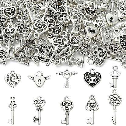 100 шт 10 стили подвески из сплава в тибетском стиле, Брелоки в форме сердца для ключей и замков, без кадмия и без свинца