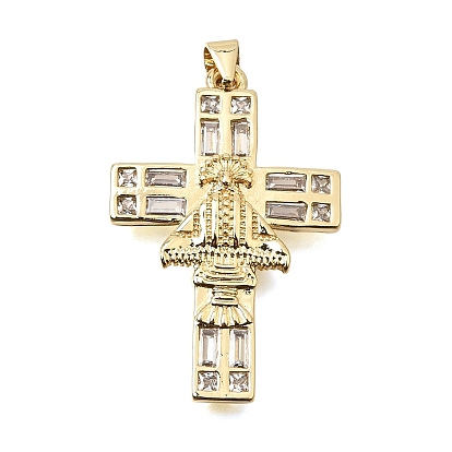 Brass Micro Pave Clear Cubic Zirconia Pendants, Cross with Virgen de Juquila Charms, Rack Plating, Long-Lasting Plated, Cadmium Free & Lead Free