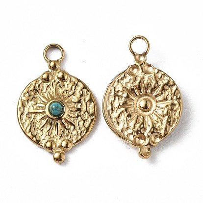 Vacuum Plating 201 Stainless Steel Natural Turquoise Pendants, Real 18K Gold Plated, Flat Round with Sun Charms