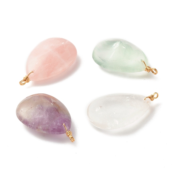 Natural Gemstone Pendants, with Real 18K Gold Plated Copper Wire Wrapped, Teardrop