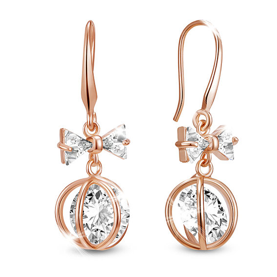 Brass Dangle Earrings, with Grade AAA Cubic Zirconia, Bowknot and Round