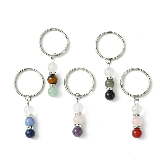 Gemstone Round Beaded Pendant Keychain, with Iron Findings