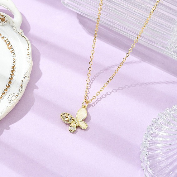 Brass Micro Pave Cubic Zirconia Pendant Necklaces, Butterfly, with Brass Cable Chains, 304 Stainless Steel Lobster Claw Clasps and Rack Plating Brass Chain Extender