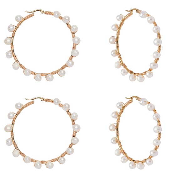 304 Stainless Steel Hoop Earrings, with Natural Pearls, Ring Shape