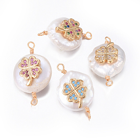Natural Pearl Links Connectors, with Brass Cubic Zirconia Findings, Nuggets with Four Leaf Clover, Golden