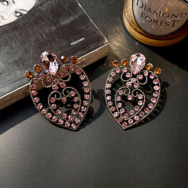 Fashion Pink Rhinestone Heart Stud Earrings Female Retro Versatile Ear Jewelry Temperament