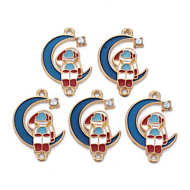 Alloy Enamel Pendants, with Crystal Rhinestone, Cadmium Free & Nickel Free & Lead Free, Spaceman with Moon, Light Gold
