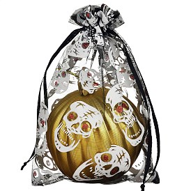 Rectangle Organza Drawstring Bags, Printed White Skull Pattern for Halloween Gift Package