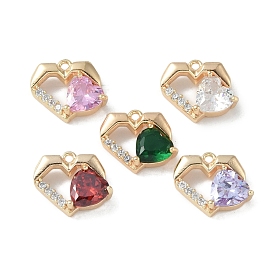 Brass Micro Pave Cubic Zirconia Charms, with Glass, Heart, Mixed Color