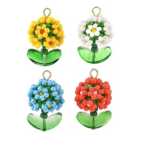 Glass Seed Beaded Pendants, Flower Charm, with 304 Stainless Steel Flat Head Pins & Glass