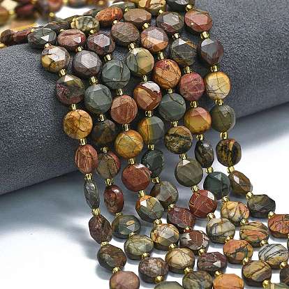 Нити бусин из натуральной яшмы пикассо/полихромной яшмы, граненый шестиугольный разрез, плоско-круглые, с бисером