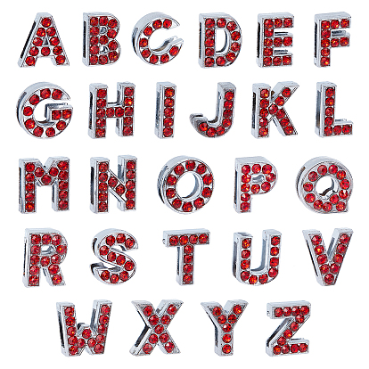 26 Stück 26 Stil Legierung Strass Schiebe-Charms, Alphabet, cadmiumfrei und bleifrei, Light Siam, Platin Farbe