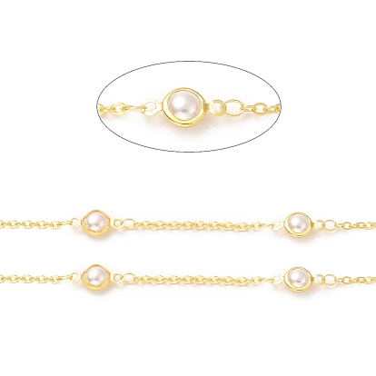 ABS Plastic Imitation Pearl Flat Round Link Chains, with Brass Cable Chains, Soldered, with Spool