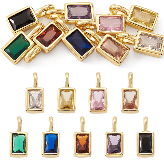 9Pcs 9 Colors Rectangle Brass Micro Pave Cubic Zirconia Charms, Rack Plating, Long-Lasting Plated, Cadmium Free & Lead Free, Golden