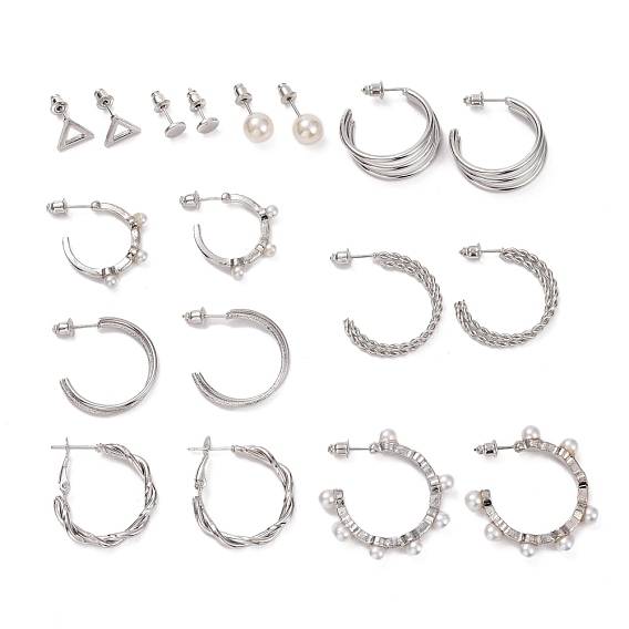 Ring & Triangle & Round Stud Earrings, Resin Pearl Beads Half Hoop Earrings, Open Hoop Earrings for Women
