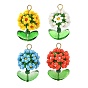 Glass Seed Beaded Pendants, Flower Charm, with 304 Stainless Steel Flat Head Pins & Glass