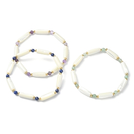 3Pcs 3 Style Natural Mixed Gemstone & White Shell Tube Beaded Stretch Bracelets Set, Stackable Bracelets for Women