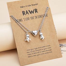 Alloy Dinosaur Pendant Heart Magnetic Clasp Couple Necklace Set with Blessing Card