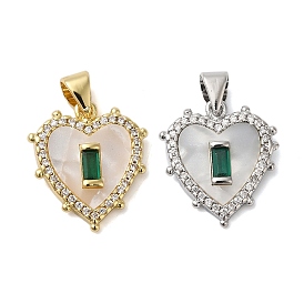 Rack Plating Brass & Cubic Zirconia Shell Pendants, Cadmium Free & Lead Free, Long-Lasting Plated, Heart, Real 18K Gold Plated/Platinum