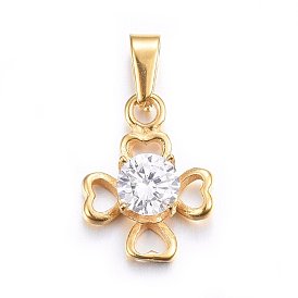 304 Stainless Steel Charms, with Cubic Zirconia, Flower with Heart