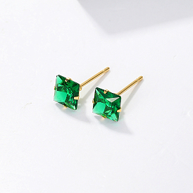 Fashionable Square Cubic Zirconia Stud Earrings, with Stainless Steel Findings, Simple and Cute Earring for Women