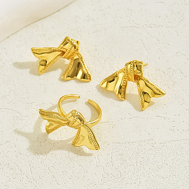 Luxury Bowknot Brass Stud Earrings & Cuff Ring Set, Jewelry Set for Sweet and Cool Ladies