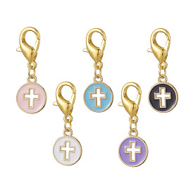 Alloy Enamel Pendant Decoration, with Zinc Alloy Lobster Claw Clasps, Flat Round with Cross