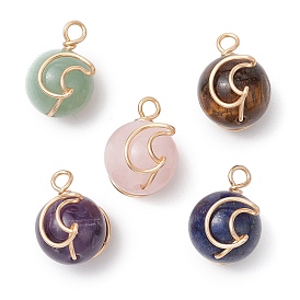 Natural Green Aventurine/Rose Quartz/Tiger Eye/Lapis Lazuli/Amethyst Copper Wire Wrapped Moon Pendants, Round Charms, Mixed Dyed and Undyed, Golden