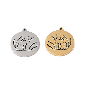 Ion Plating(IP) 201 Stainless Steel Pendants, Flat Round with Plants Charm