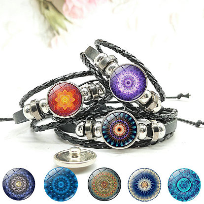 PU Leather Triple Layer Multi-strand Bracelet, Alloy Glass Mandala Links Adjustable Bracelet for Women