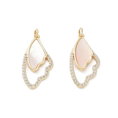 Rack Plating Brass Shell Pendants, Cadmium Free & Nickel Free & Lead Free, with Cubic Zirconia, Long-Lasting Plated, Wing Charms