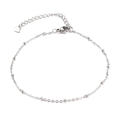 304 Stainless Steel Cable Chain, Satellite Chain Anklets, with Rondelle Beads and Lobster Claw Clasps