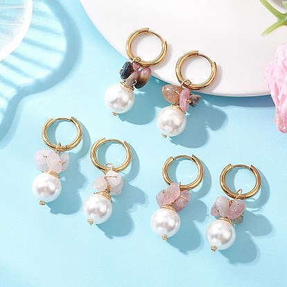 3 пары круглых 202 сережек-колец из нержавеющей стали, с раковинами, натуральным многоцветным турмалином и натуральным розовым кварцем., золотые