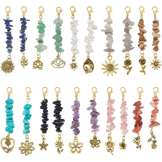 20шт. подвеска с натуральными и синтетическими драгоценными камнями, с подвесками в виде цветка из сплава и карабинами